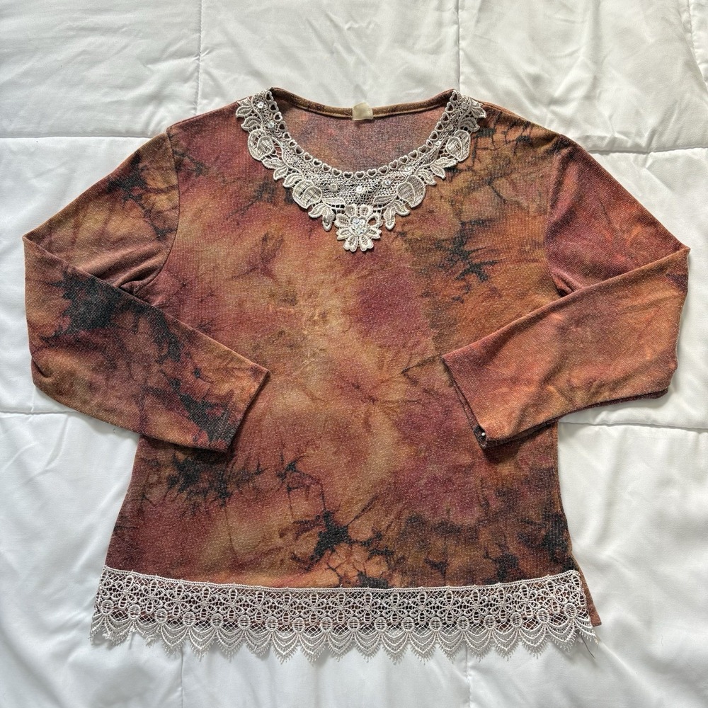 Vintage 90s Womens Blouse Red Tie Dye Cottagecore Peasant Hippie Fairy Whimsy